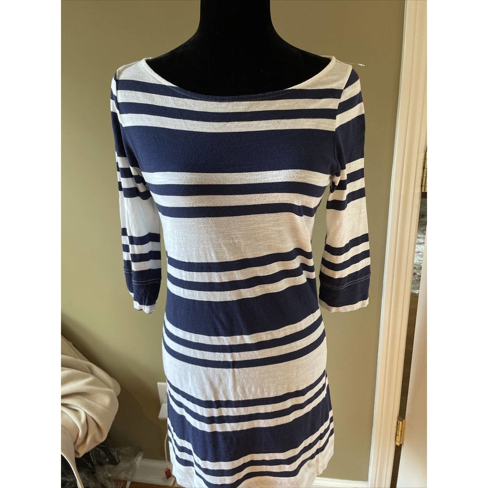 Lilly Pulitzer Sz S Mixed Stripe Blue White 3/4 Sleeve Jersey Dress pink tree